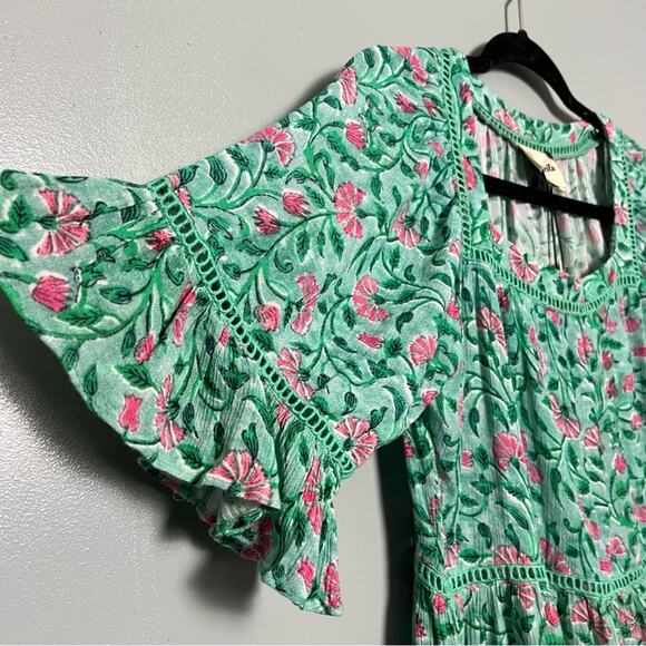 NWT Playa Lucila Floral Tiered Mini Dress Green Flowy Beach Boho Women’s Size S - Picture 4 of 8